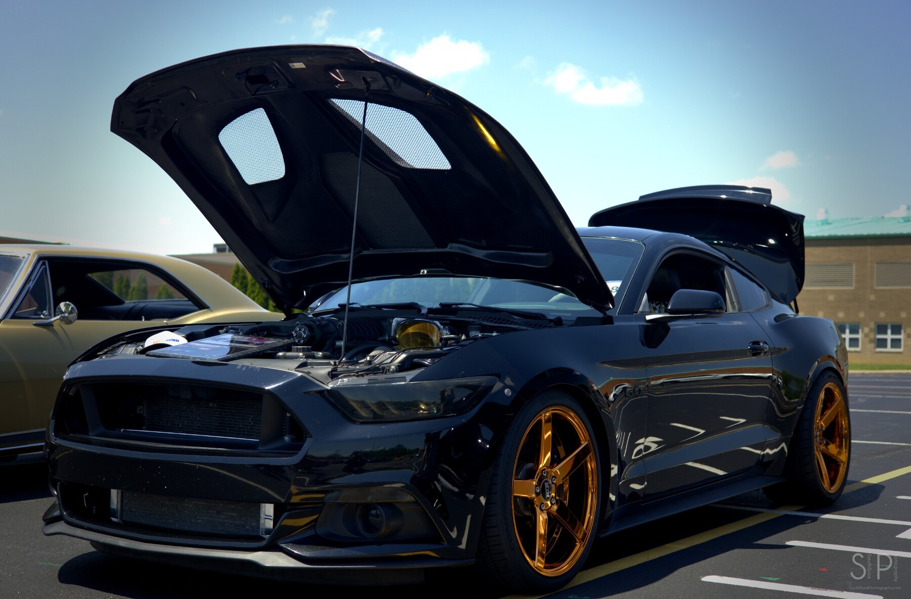 Black Ford Mustang with gold wheels and its hood open at a car show