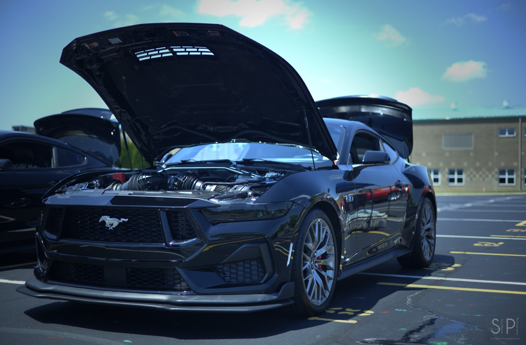 Black Ford Mustang GT photographed with the hood open