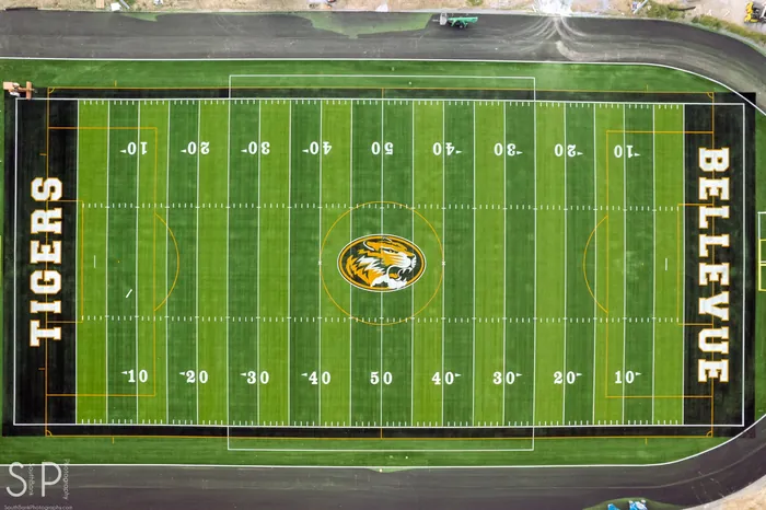 Aerial sports photography over Bellevue Tigers field in Northern Kentucky