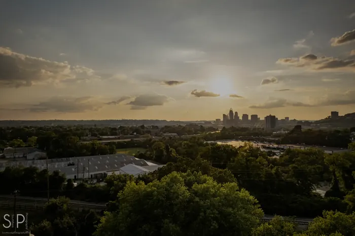 Cincinnati skyline at sunset photographed from Northern Kentucky